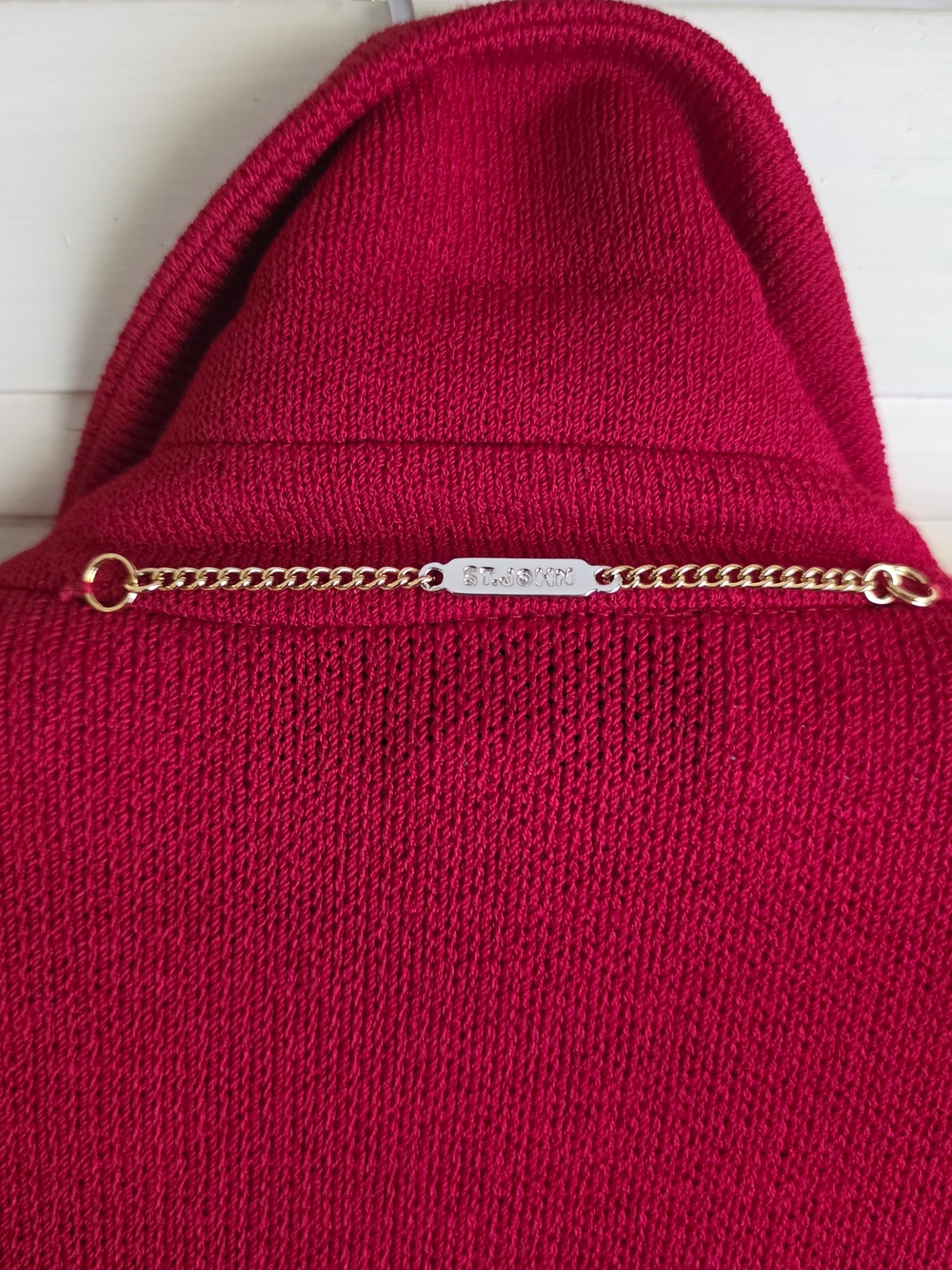 St John Collection Marie Gray Red Long Knit Jacket Coat Gold Buttons Sz 6 - Picture 9 of 10